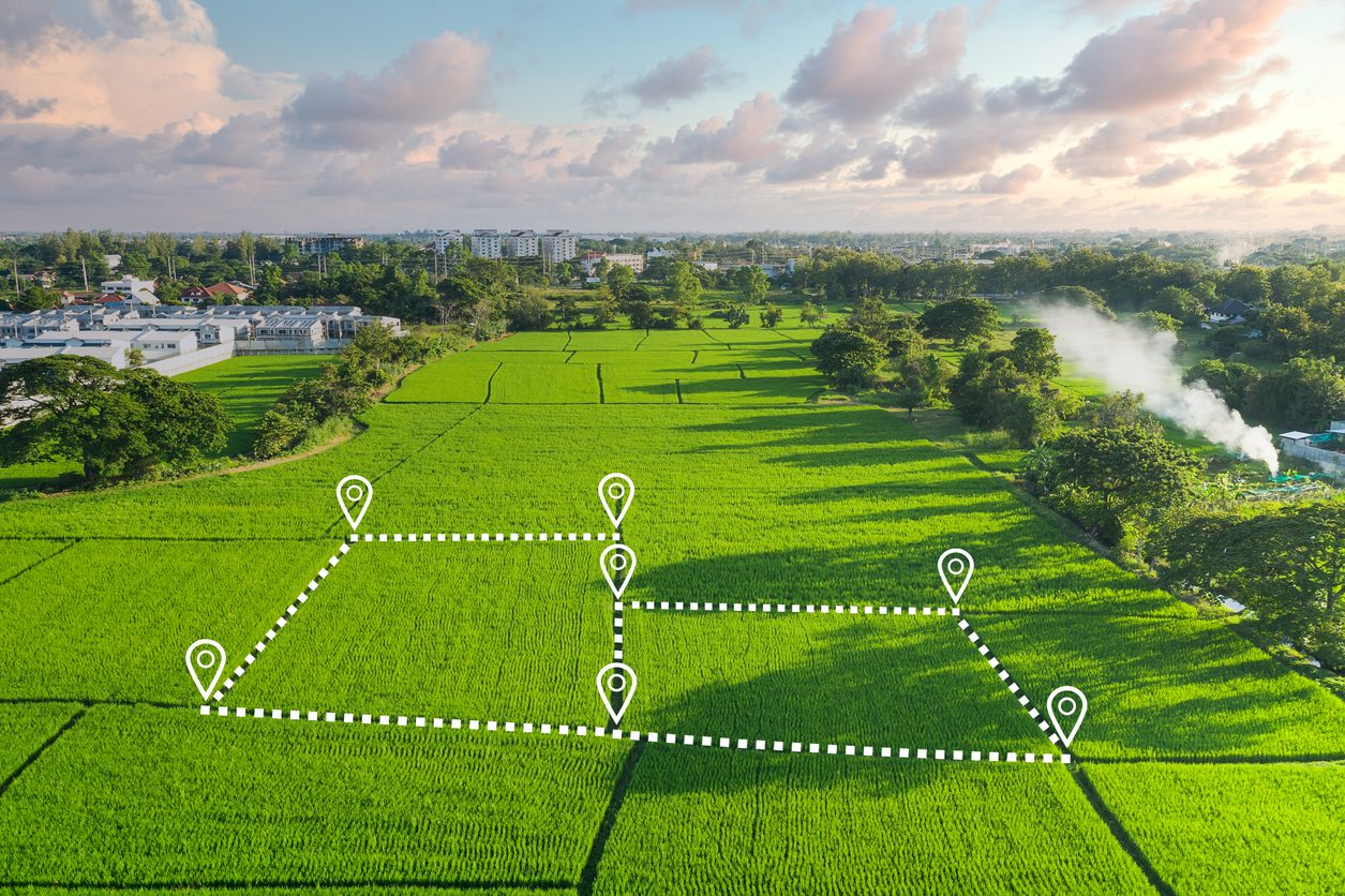 Aerial view of a green field with markers on it